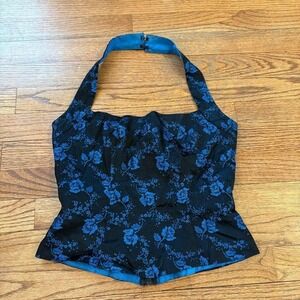 Vintage Zum Zum Niki Livas black and blue sparkly floral halter formal top